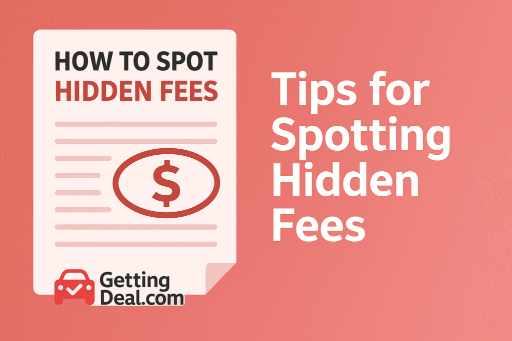 Illustration of a confused car buyer reviewing a bill with unexpected dealership fees, alongside a glowing GettingDeal.com logo, set against a red and gray background.