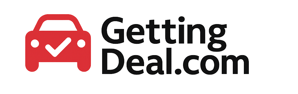 GettingDeal.com logo showing a red car icon with a white checkmark and bold black text