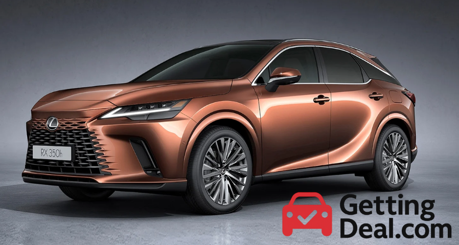 Lexus RX 350h hybrid SUV in copper color with GettingDeal.com logo.