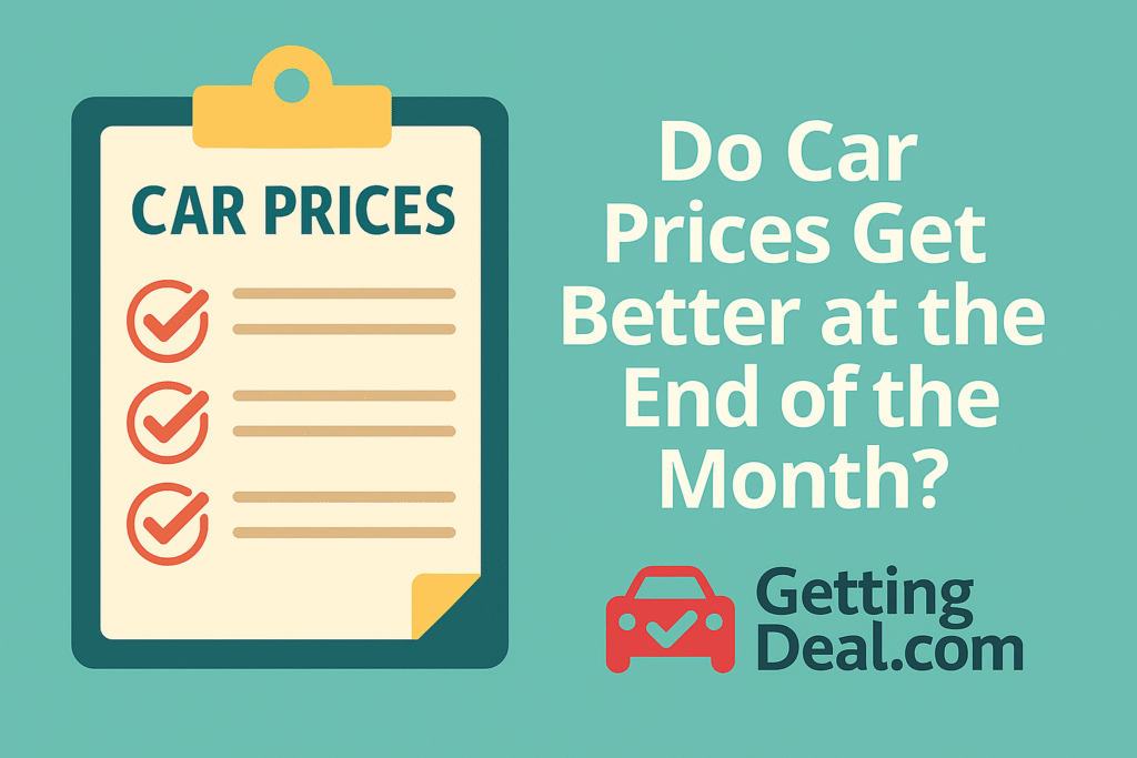 Illustration of a calendar with a dollar sign and car key, representing the best time to buy a new car, with the text “Best Time to Buy” and the GettingDeal.com logo.