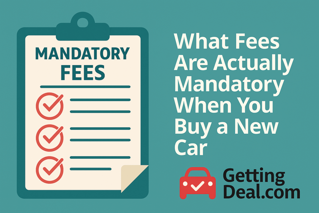 Flat illustration showing a checklist of car buying fees, with the title “What Fees Are Actually Mandatory When Buying a Car?” and the GettingDeal.com logo in the bottom left.