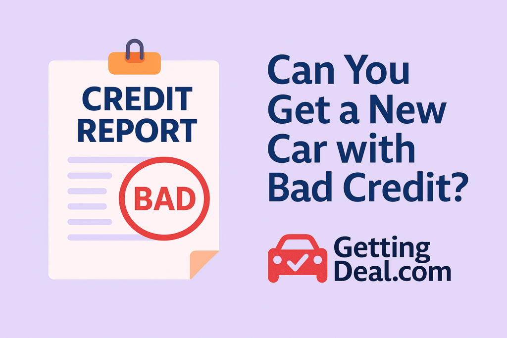 Illustration of a car loan approval for a person with bad credit, showing a car with approval documents and a hopeful buyer, styled with GettingDeal.com branding.
