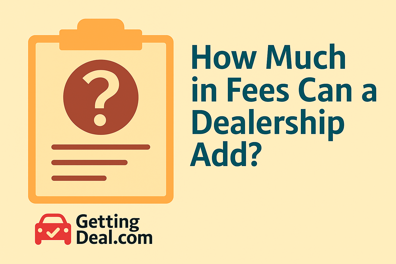 Illustration of a surprised customer looking at a long car dealership invoice with exaggerated hidden fees, used to highlight excessive dealership charges in a car purchase.