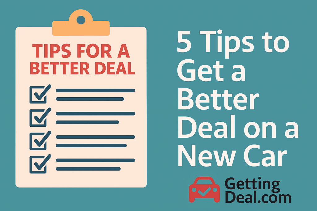 Flat-style digital graphic showing a checklist with five car icons, illustrating tips for getting the best deal when buying a new car, branded with GettingDeal.com