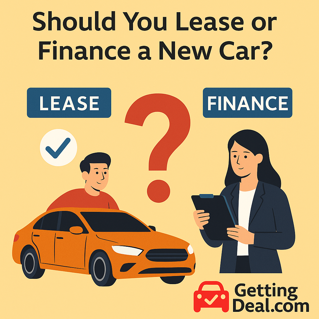 Flat-style digital illustration comparing lease vs finance for new car buyers in Canada. Features a balanced scale with "Lease" on one side and "Finance" on the other, with icons representing monthly payments, car keys, and contract duration.