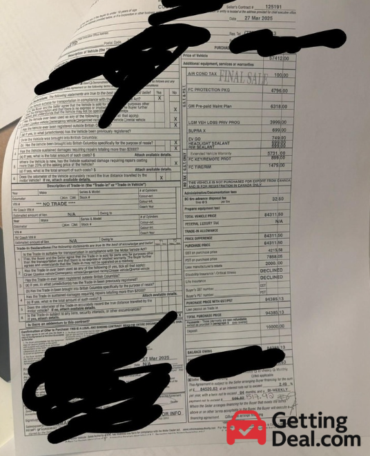 Photograph of a car dealership purchase agreement showing over $27,000 in additional fees, with sensitive information redacted and GettingDeal.com logo added.