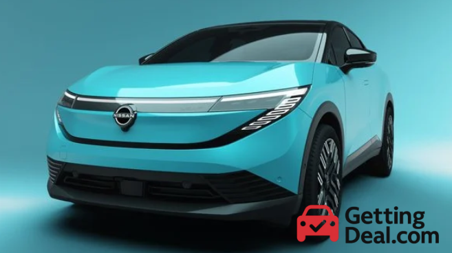 A futuristic electric blue Nissan concept SUV with sleek, modern styling, parked in a minimal teal-toned studio background. The GettingDeal.com logo is placed in the lower right corner.