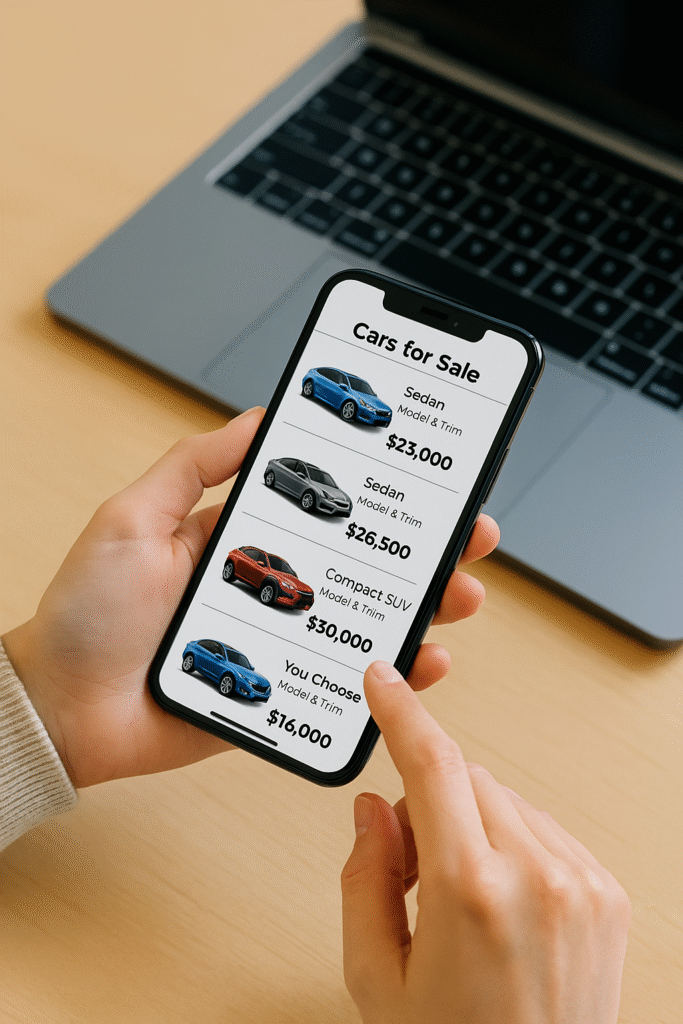 A person browsing new cars on a smartphone at home, seated comfortably in a modern living room.