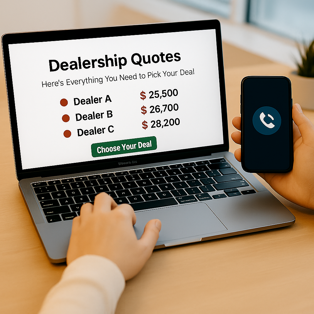 A person using a laptop to confirm their preferred car dealership offer from a list of quotes.